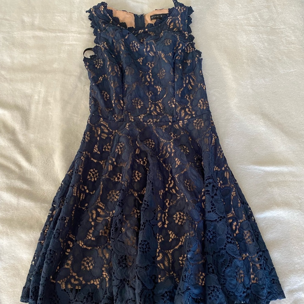 Navy lace dress with tan underlay